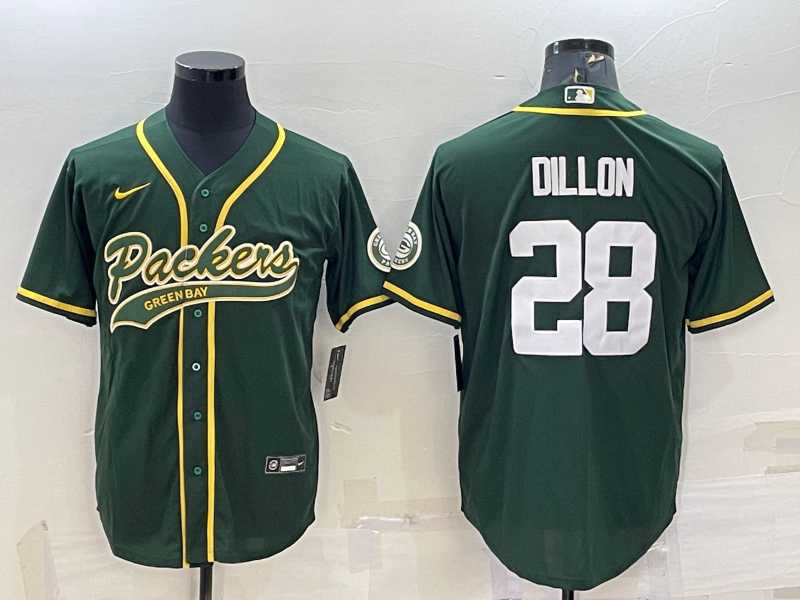 Mens Green Bay Packers #28 AJ Dillon Green With Patch Cool Base Stitched Baseball Jersey